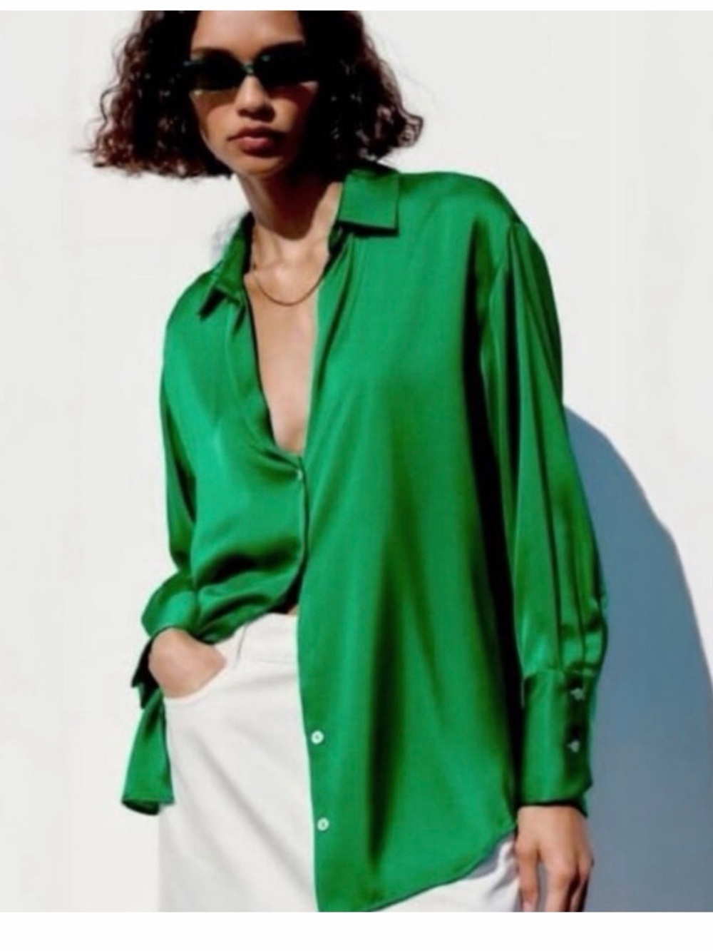 Zara Green Satin Button-Down Women's Shirt